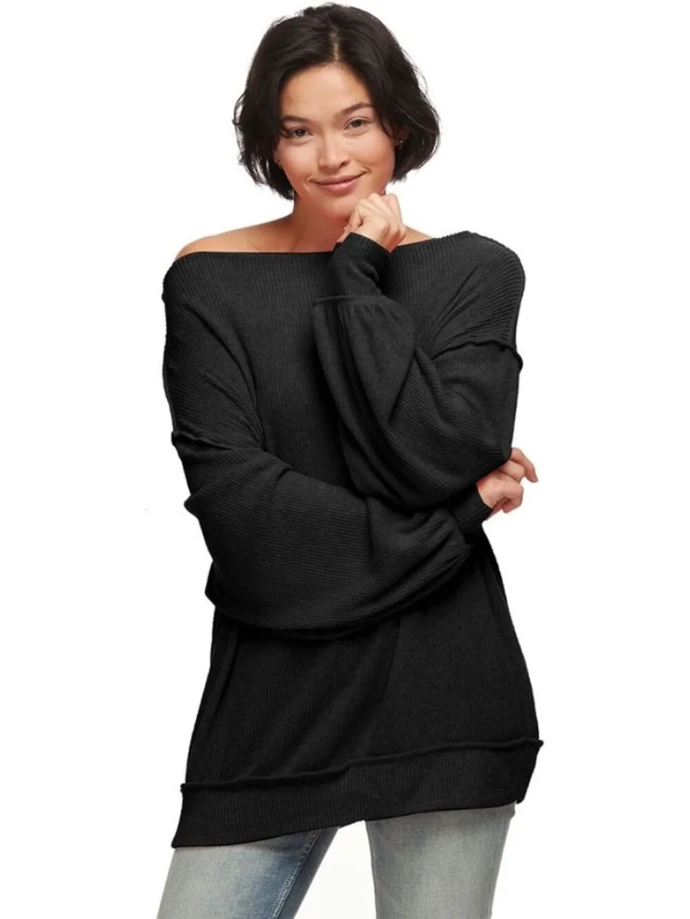 Free People Main Squeeze Hacci Oversized Black Ribbed Knit Size L